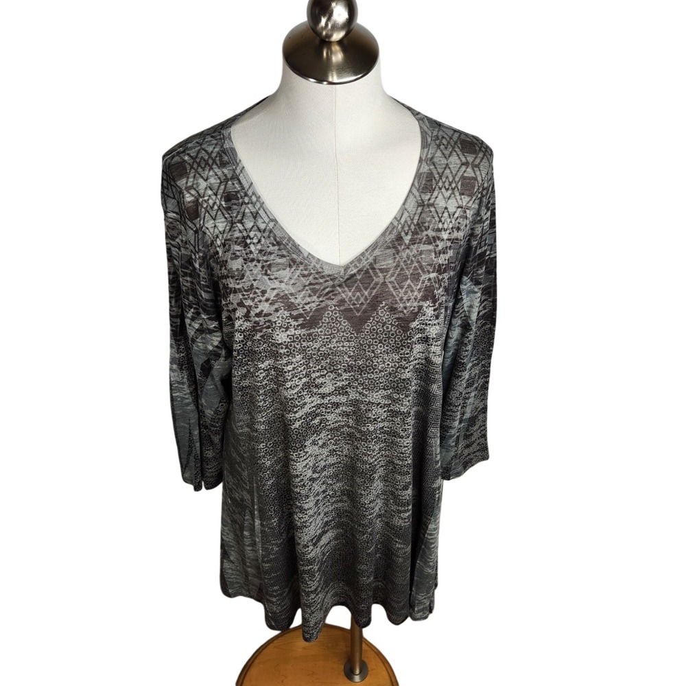 Katina Marie Womens 2X Tunic Top Boho Artsy Geo Print V-Neck Gray Knit‎ USA